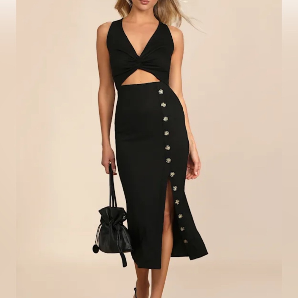 Lulu's Black Midi Dress with Button Detail